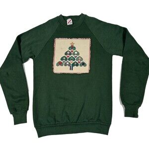 Jerzees Vintage Christmas Crewneck Sweatshirt Medium Green Raglan Made in‎ USA